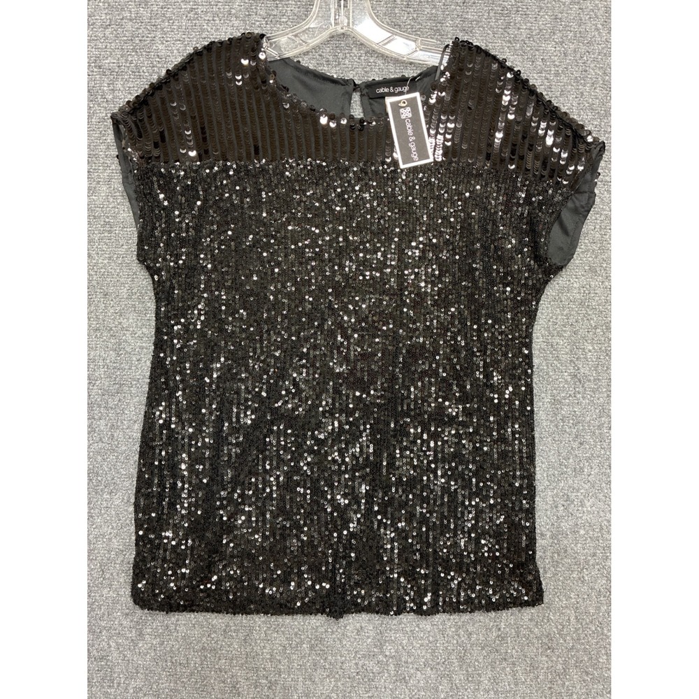 Sequin Black Top Cap Sleeve Holiday Party Vacation NWT Small